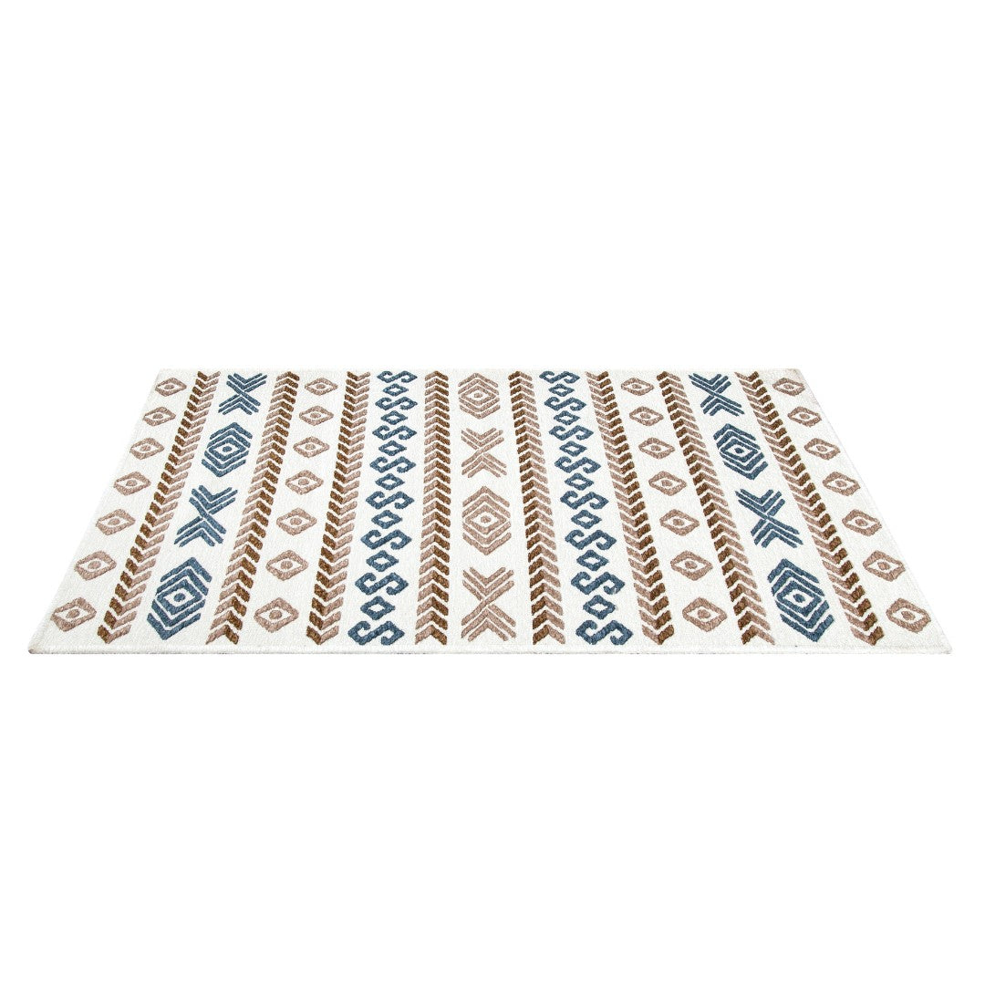 Machine Washable Reversible Geometric Tribal Area Rug, Blue & Beige, Eco-Friendly Recycled Material, Kid and Pet Friendly