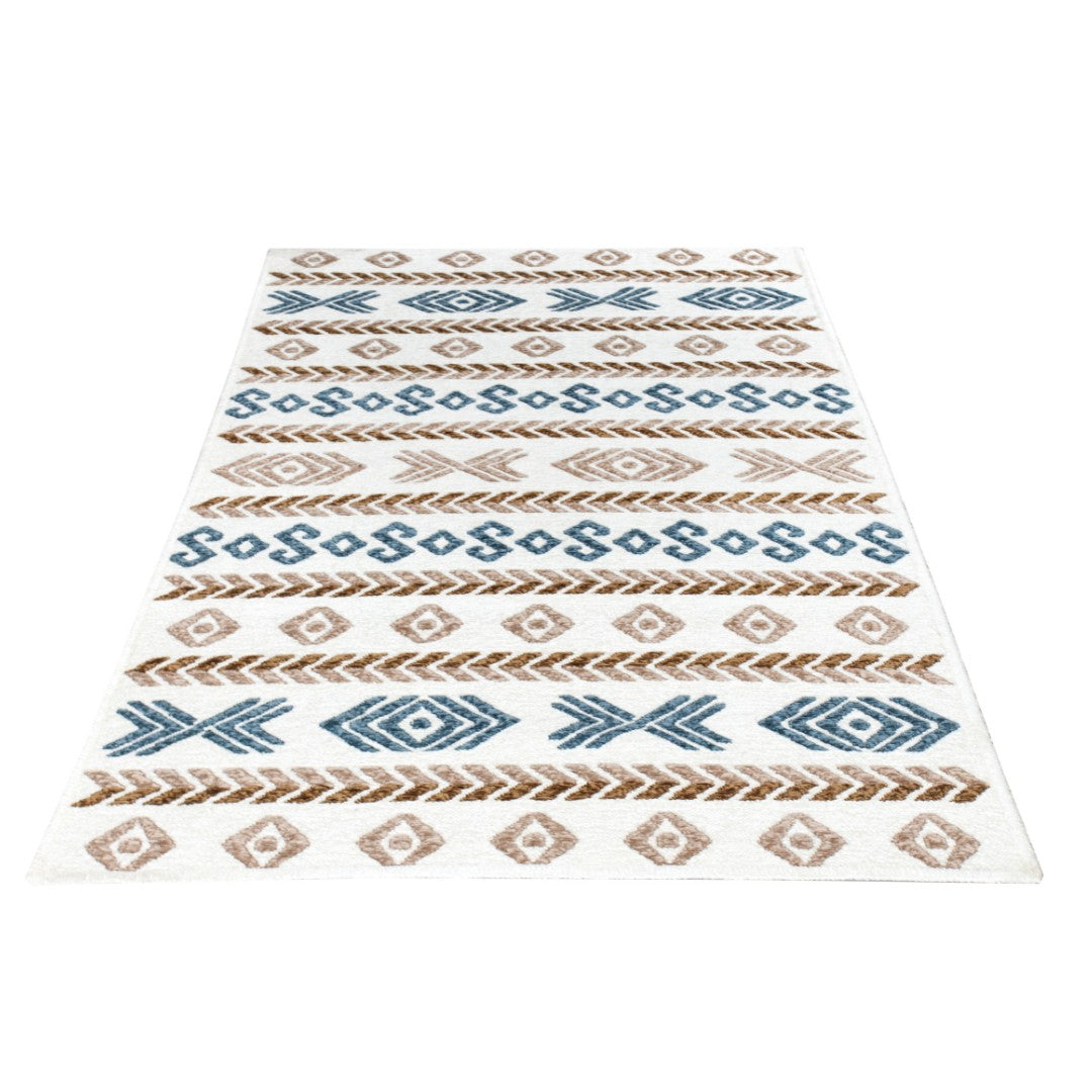 Machine Washable Reversible Geometric Tribal Area Rug, Blue & Beige, Eco-Friendly Recycled Material, Kid and Pet Friendly