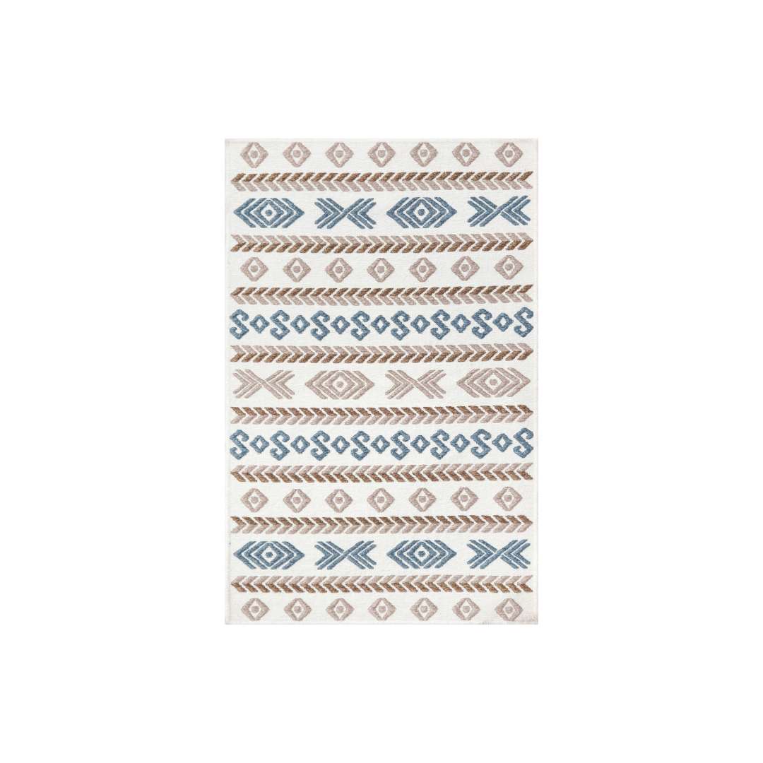 Machine Washable Reversible Geometric Tribal Area Rug, Blue & Beige, Eco-Friendly Recycled Material, Kid and Pet Friendly