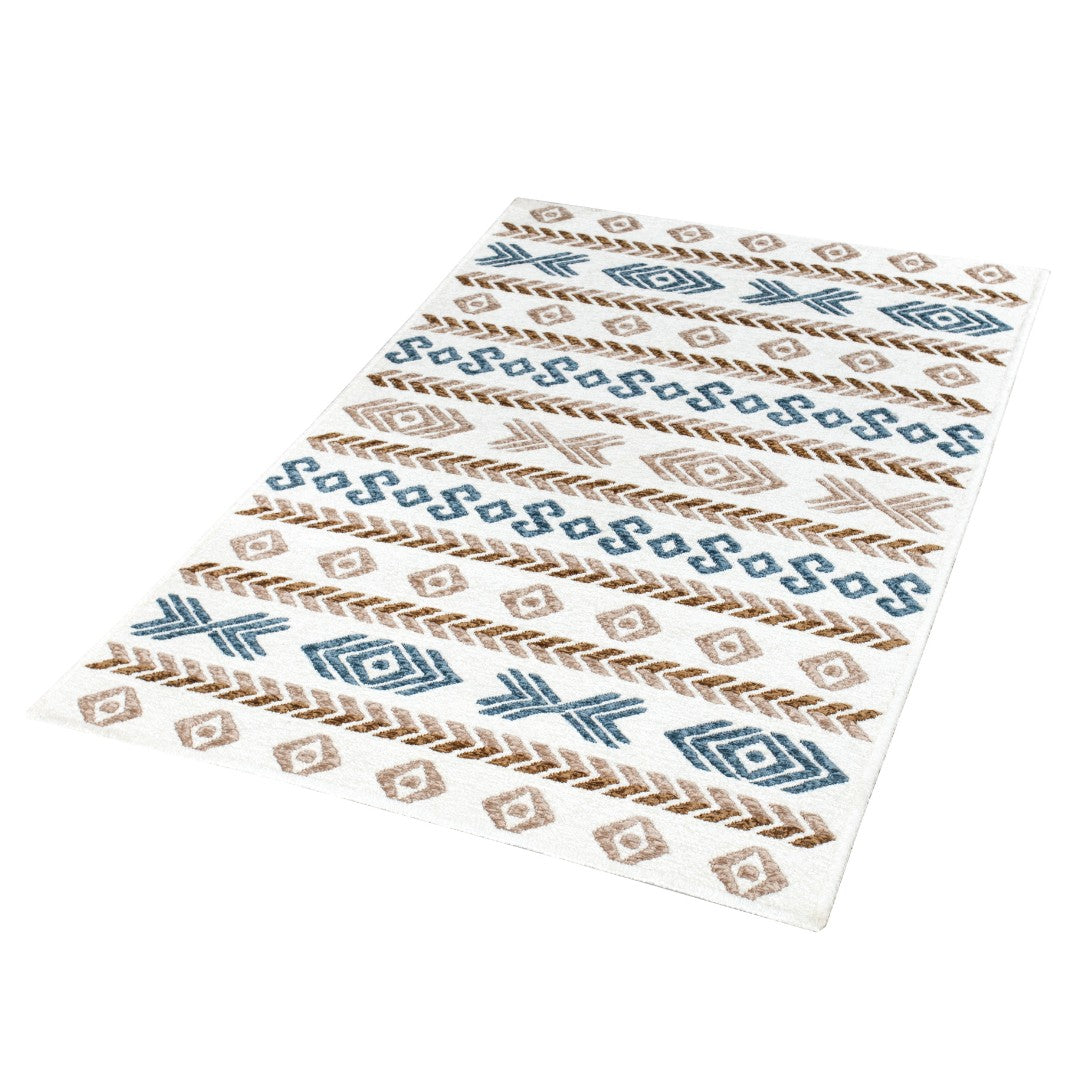 Machine Washable Reversible Geometric Tribal Area Rug, Blue & Beige, Eco-Friendly Recycled Material, Kid and Pet Friendly