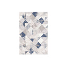 Geometric pattern area rug in distressed blue and gray, modern abstract 5x7 design, soft high-pile, durable for high traffic, no shedding