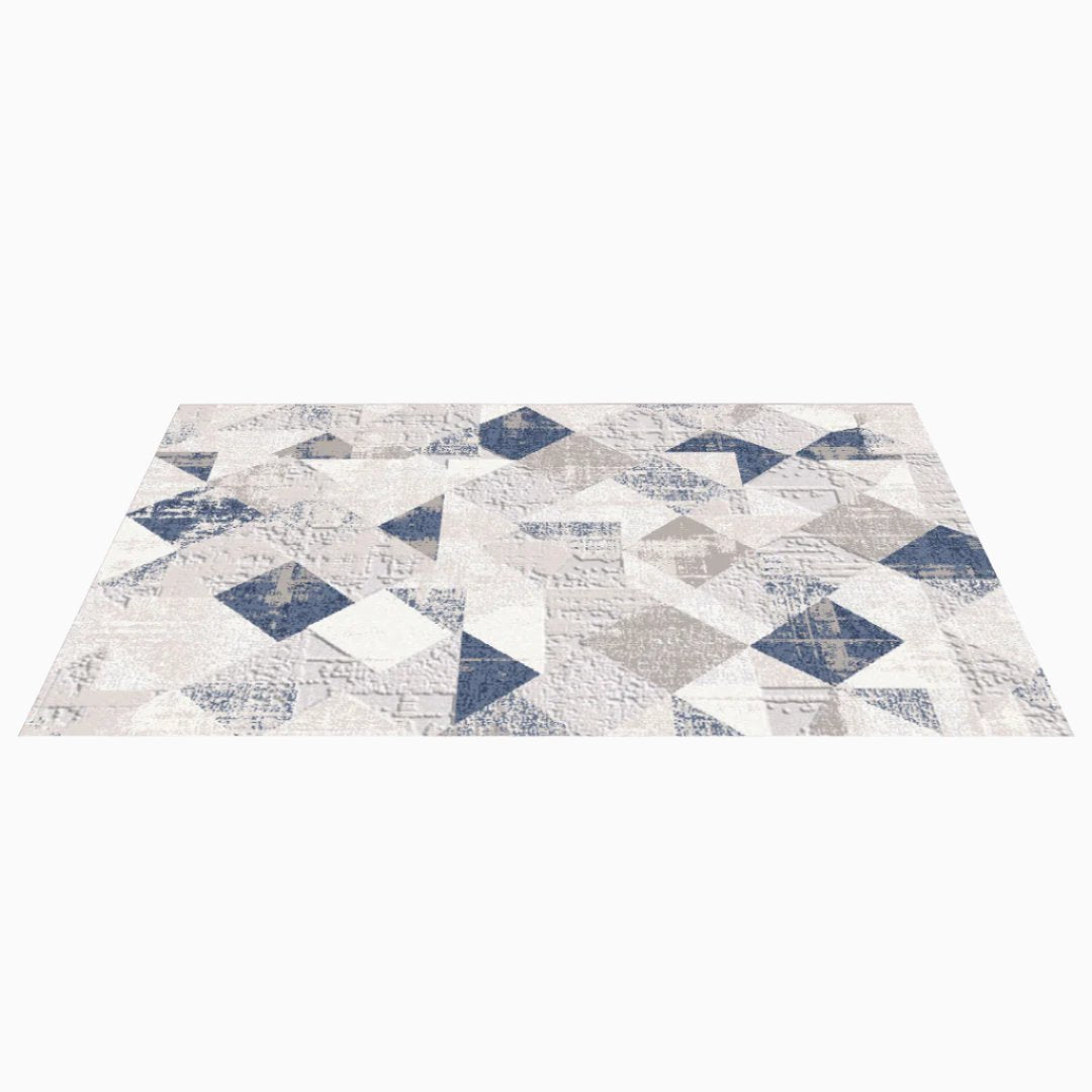 Geometric pattern area rug in distressed blue and gray, modern abstract 5x7 design, soft high-pile, durable for high traffic, no shedding