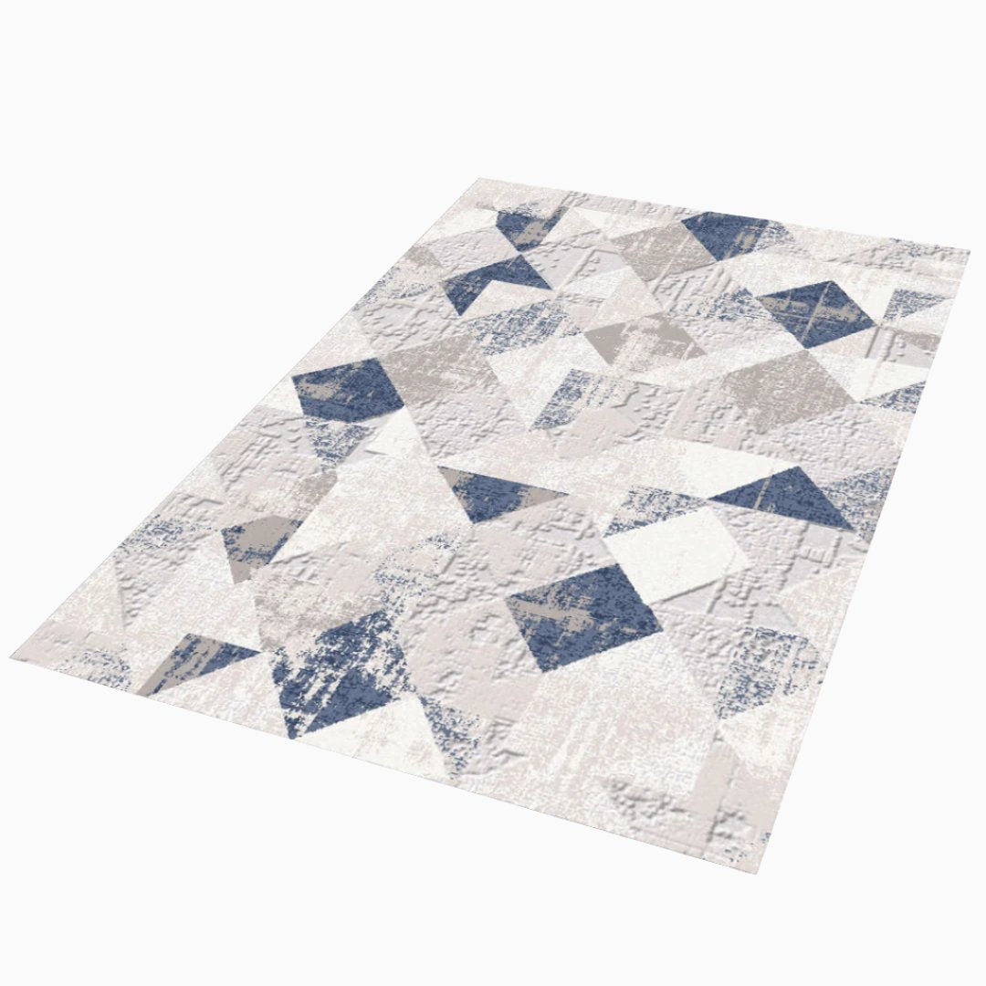 Geometric pattern area rug in distressed blue and gray, modern abstract 5x7 design, soft high-pile, durable for high traffic, no shedding