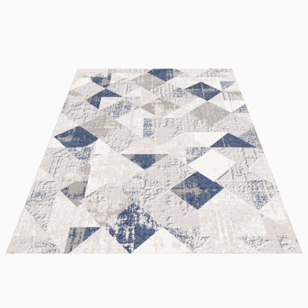 Geometric pattern area rug in distressed blue and gray, modern abstract 5x7 design, soft high-pile, durable for high traffic, no shedding