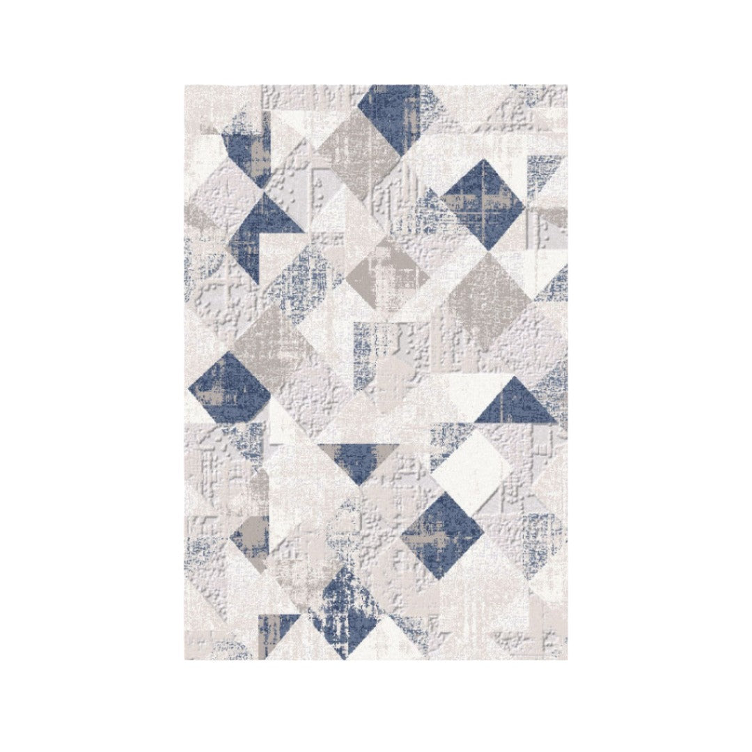 Geometric pattern area rug in distressed blue and gray, modern abstract 5x7 design, soft high-pile, durable for high traffic, no shedding