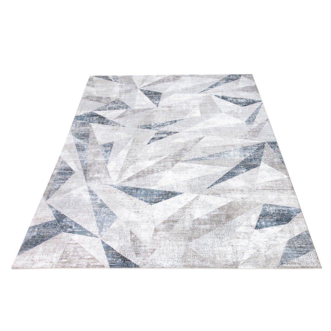 Blue and Gray Geometric High-Pile Area Rug in 3x5 and 8x10 sizes, durable, modern design, soft, no shedding