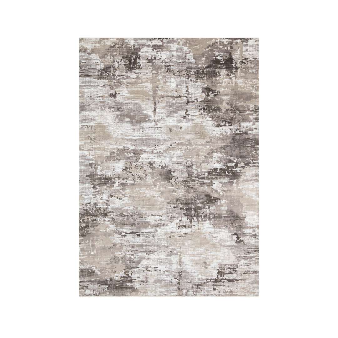 Modern abstract area rug in beige, gray, taupe, and off-white, soft feel, high density, thick high pile, durable for high traffic, no shedding, available in 5x7, 8x10