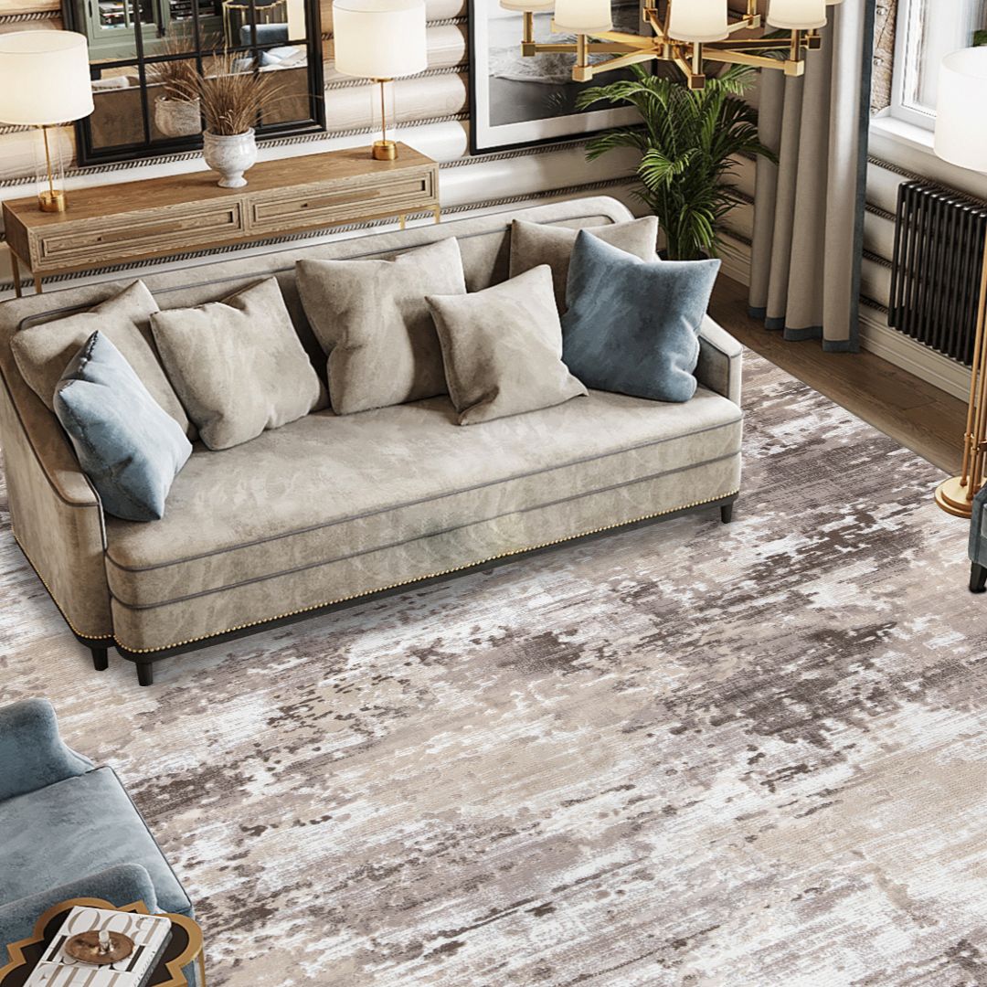 Modern abstract area rug in beige, gray, taupe, and off-white, soft feel, high density, thick high pile, durable for high traffic, no shedding, available in 5x7, 8x10