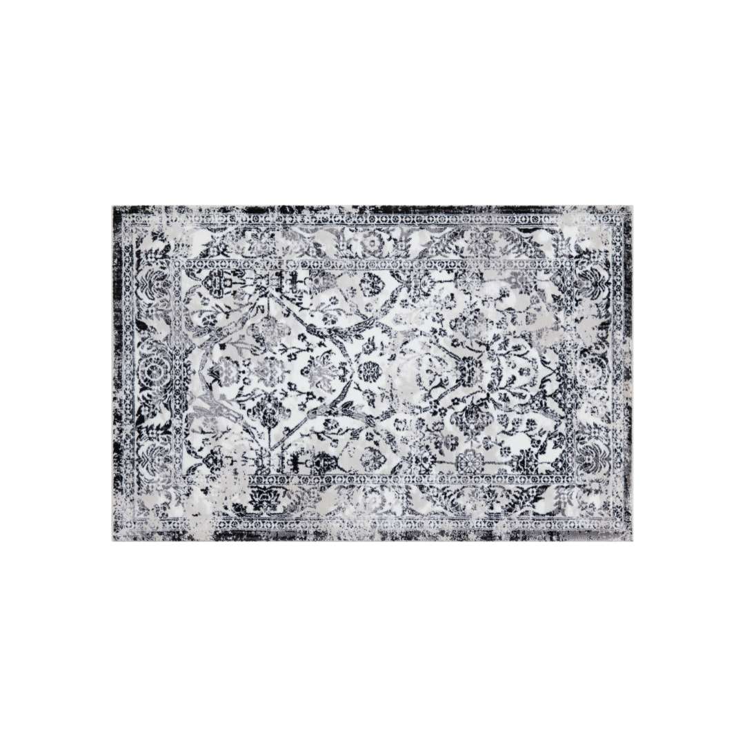 Floral Vintage Area Rug, Black and White, Distressed Decorative Border, Soft High Pile, Durable for High Traffic, Non-Shedding, Available in 3x5, 5x7, and round sizes