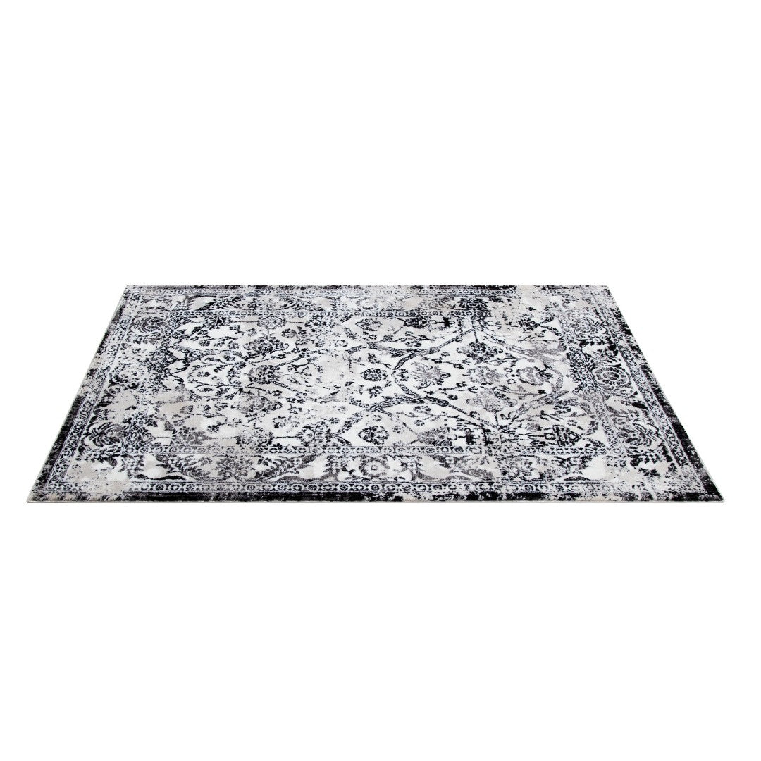 Floral Vintage Area Rug, Black and White, Distressed Decorative Border, Soft High Pile, Durable for High Traffic, Non-Shedding, Available in 3x5, 5x7, and round sizes