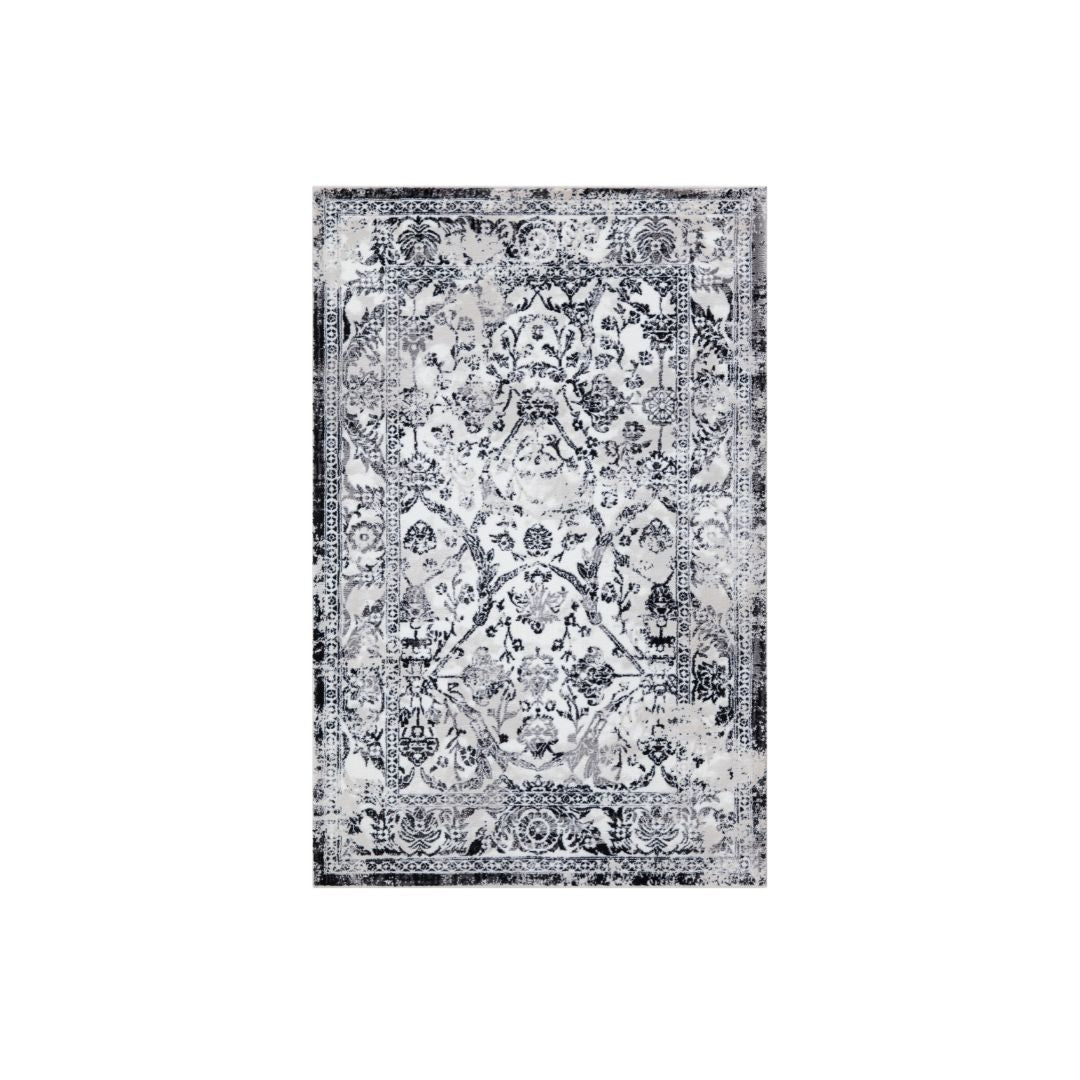 Floral Vintage Area Rug, Black and White, Distressed Decorative Border, Soft High Pile, Durable for High Traffic, Non-Shedding, Available in 3x5, 5x7, and round sizes