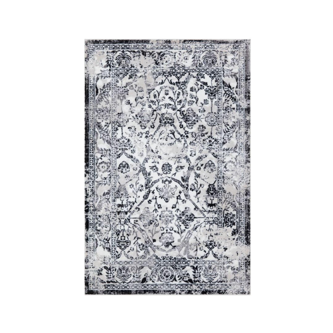 Floral Vintage Area Rug, Black and White, Distressed Decorative Border, Soft High Pile, Durable for High Traffic, Non-Shedding, Available in 3x5, 5x7, and round sizes