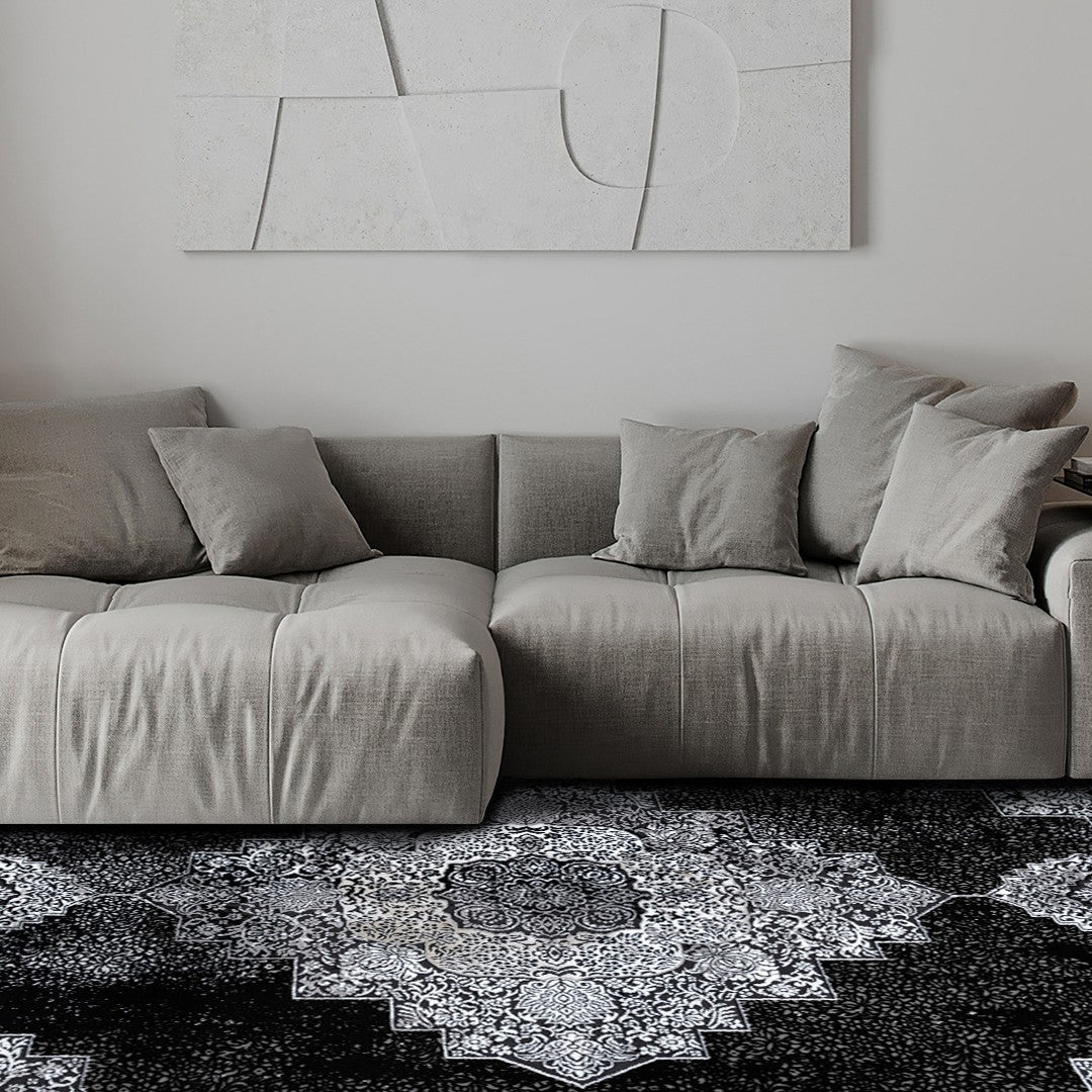 5x7 black and white area rug, soft, high density, no shedding, durable for high traffic areas, modern design, thick, plush