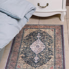 Machine washable Oriental rug with vintage distressed medallion design, navy gold and antique blue-gold color, available in 2x3 and 3x5 sizes, pet and kid friendly, made from recycled materials, features a decorative border.