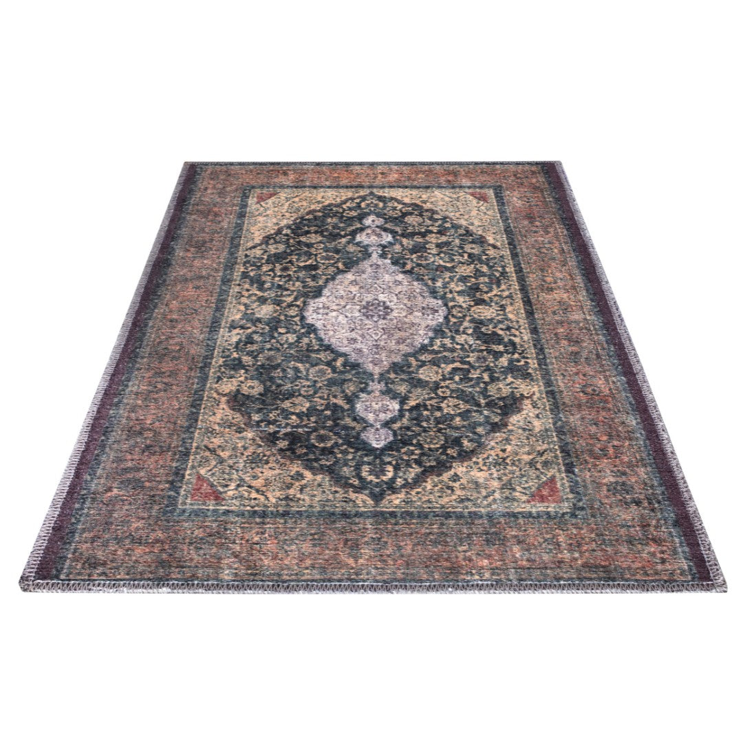 Machine washable Oriental rug with vintage distressed medallion design, navy gold and antique blue-gold color, available in 2x3 and 3x5 sizes, pet and kid friendly, made from recycled materials, features a decorative border.