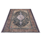 Machine washable Oriental rug with vintage distressed medallion design, navy gold and antique blue-gold color, available in 2x3 and 3x5 sizes, pet and kid friendly, made from recycled materials, features a decorative border.