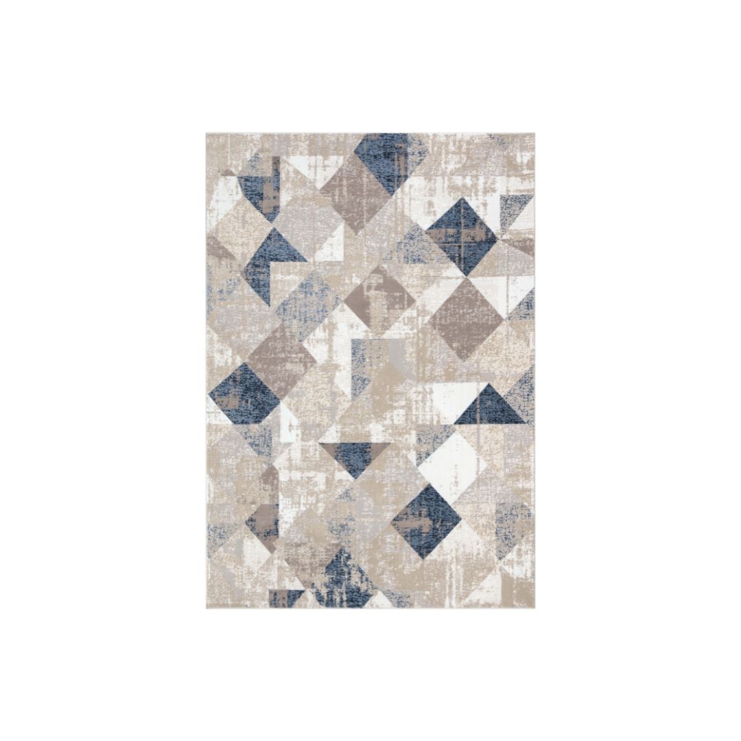 Modern Geometric Area Rug 5x7 in Beige, Blue, and Gray – High Density, Soft Under the Feet, High Pile Height, Durable for High Traffic, No Shedding