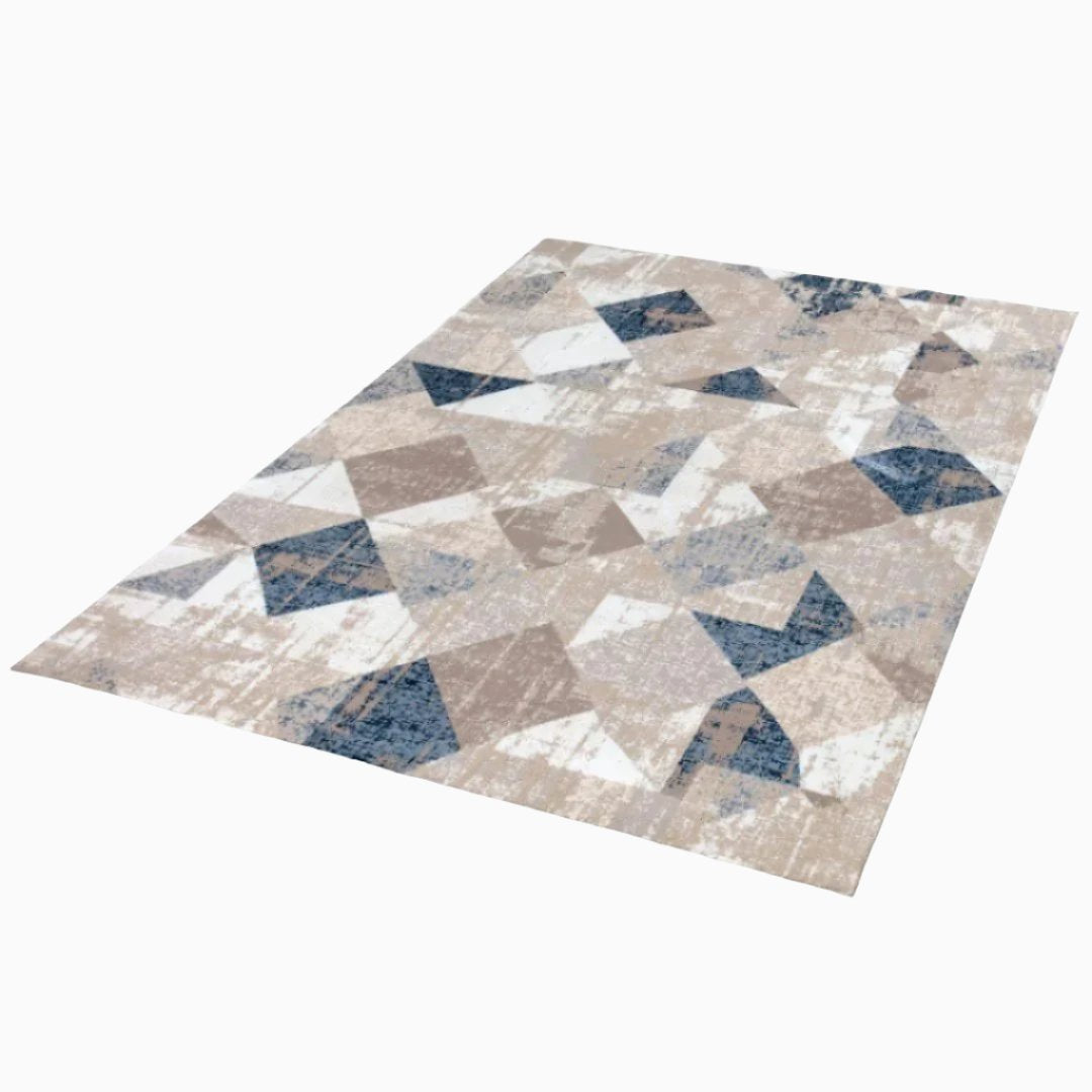 Modern Geometric Area Rug 5x7 in Beige, Blue, and Gray – High Density, Soft Under the Feet, High Pile Height, Durable for High Traffic, No Shedding