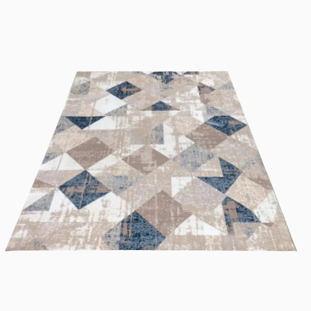 Modern Geometric Area Rug 5x7 in Beige, Blue, and Gray – High Density, Soft Under the Feet, High Pile Height, Durable for High Traffic, No Shedding