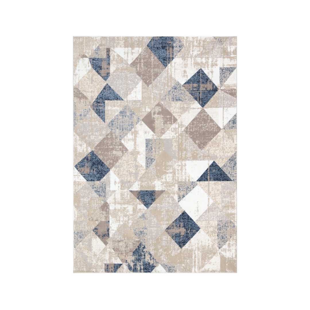 Modern Geometric Area Rug 5x7 in Beige, Blue, and Gray – High Density, Soft Under the Feet, High Pile Height, Durable for High Traffic, No Shedding