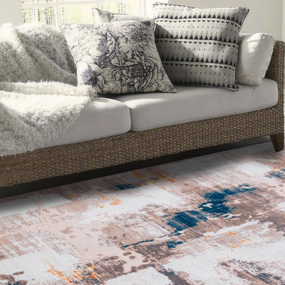 Machine Washable Multicolor Area Rug in 3x5 or 5x7, Pet and Kid Friendly, Eco-Friendly Recycled Material, Modern Abstract and Distressed Vintage Design, Gray, Blue, Beige