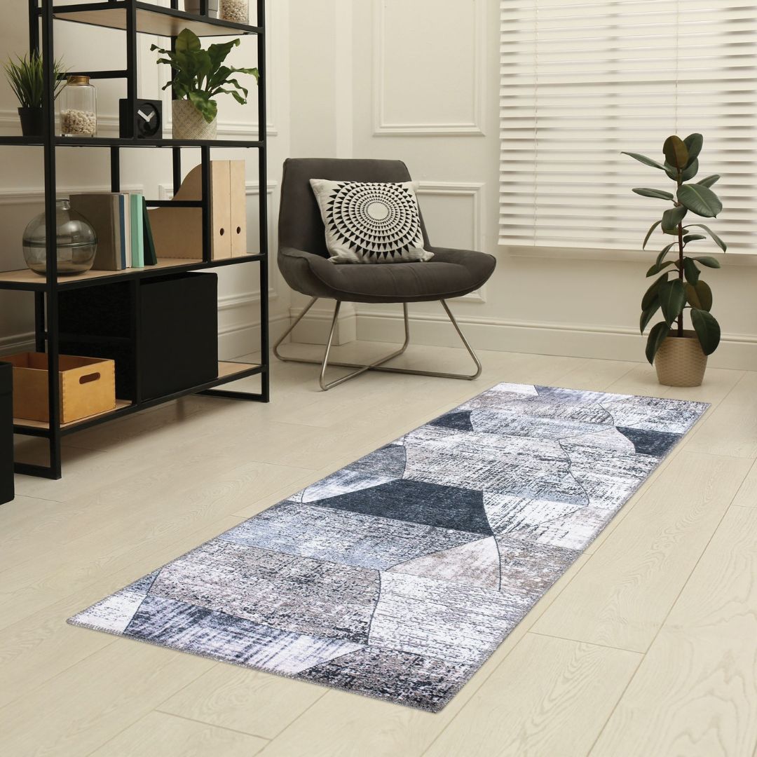 Gray and Black Abstract Contemporary Rug Machine Washable