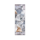 Machine washable geometric pattern distressed blue and gray area rug available in 2x6, 5x7, 8x10 sizes. Kid and pet friendly, made from recycled materials. Suitable for contemporary or modern living rooms and high traffic areas.