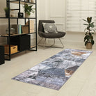 Machine washable geometric pattern distressed blue and gray area rug available in 2x6, 5x7, 8x10 sizes. Kid and pet friendly, made from recycled materials. Suitable for contemporary or modern living rooms and high traffic areas.