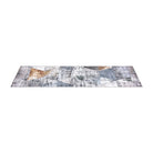 Machine washable geometric pattern distressed blue and gray area rug available in 2x6, 5x7, 8x10 sizes. Kid and pet friendly, made from recycled materials. Suitable for contemporary or modern living rooms and high traffic areas.