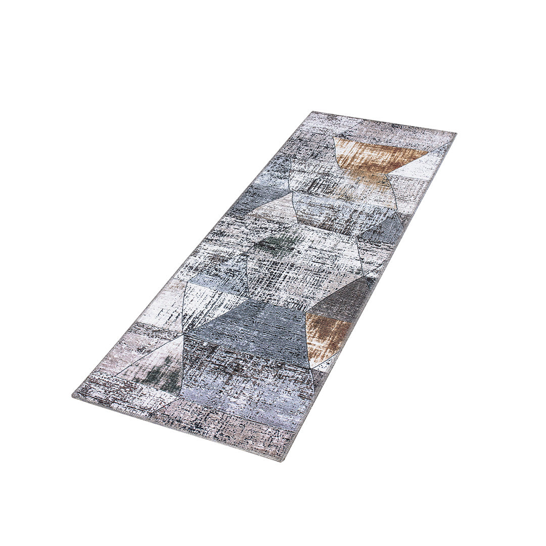 Machine washable geometric pattern distressed blue and gray area rug available in 2x6, 5x7, 8x10 sizes. Kid and pet friendly, made from recycled materials. Suitable for contemporary or modern living rooms and high traffic areas.