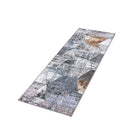 Machine washable geometric pattern distressed blue and gray area rug available in 2x6, 5x7, 8x10 sizes. Kid and pet friendly, made from recycled materials. Suitable for contemporary or modern living rooms and high traffic areas.