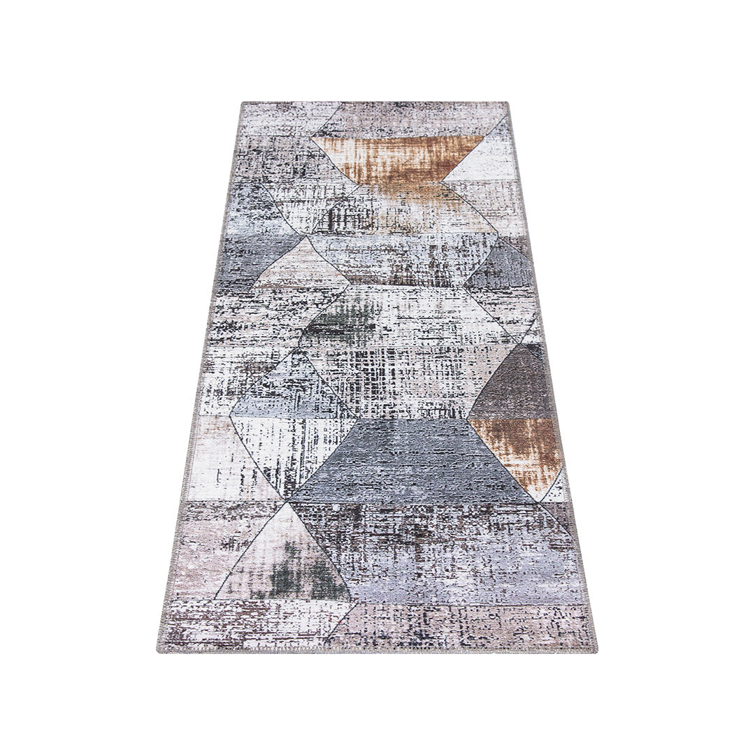 Machine washable geometric pattern distressed blue and gray area rug available in 2x6, 5x7, 8x10 sizes. Kid and pet friendly, made from recycled materials. Suitable for contemporary or modern living rooms and high traffic areas.