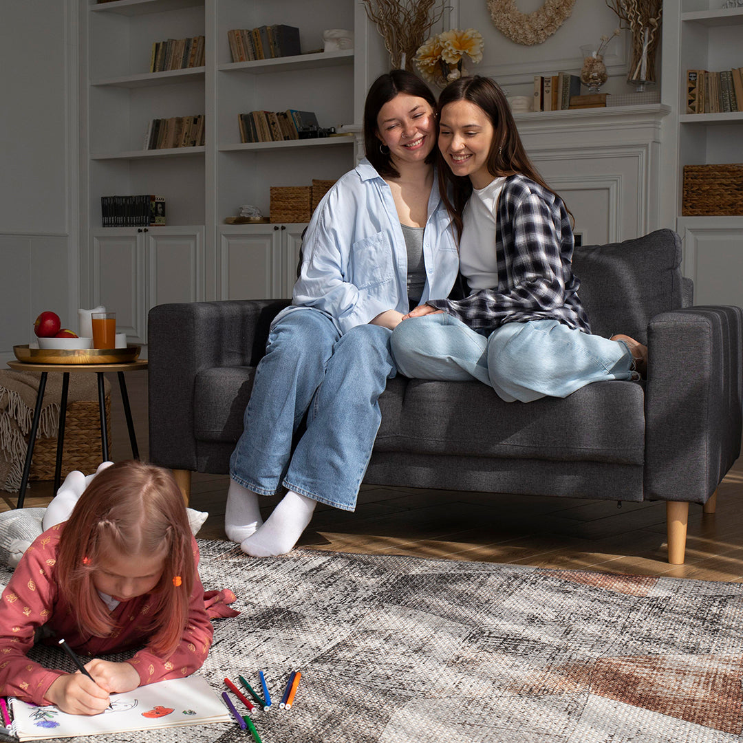 Machine washable geometric pattern distressed blue and gray area rug available in 2x6, 5x7, 8x10 sizes. Kid and pet friendly, made from recycled materials. Suitable for contemporary or modern living rooms and high traffic areas.