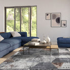 Machine washable geometric pattern distressed blue and gray area rug available in 2x6, 5x7, 8x10 sizes. Kid and pet friendly, made from recycled materials. Suitable for contemporary or modern living rooms and high traffic areas.