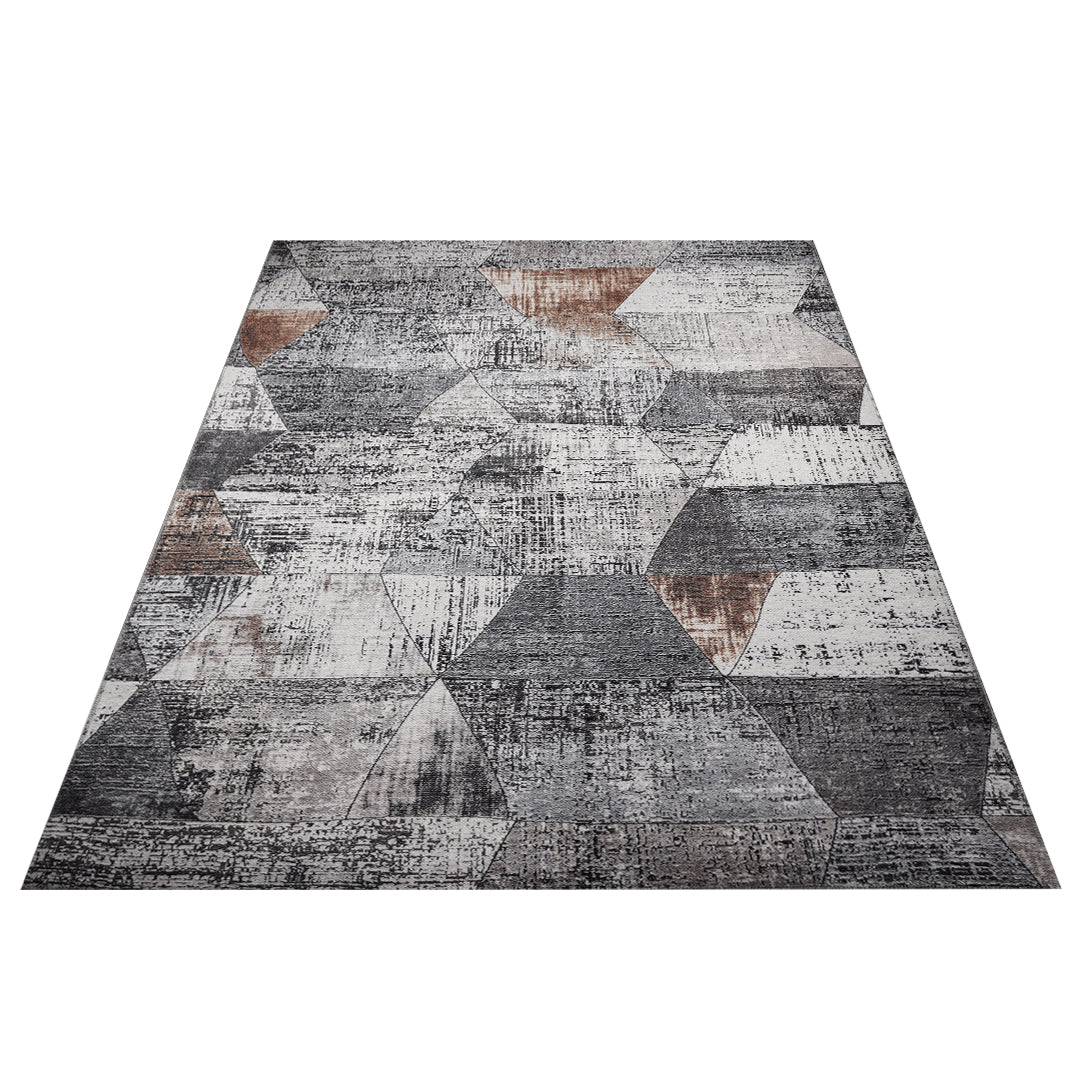 Machine washable geometric pattern distressed blue and gray area rug available in 2x6, 5x7, 8x10 sizes. Kid and pet friendly, made from recycled materials. Suitable for contemporary or modern living rooms and high traffic areas.