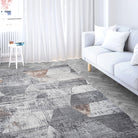 Machine washable geometric pattern distressed blue and gray area rug available in 2x6, 5x7, 8x10 sizes. Kid and pet friendly, made from recycled materials. Suitable for contemporary or modern living rooms and high traffic areas.