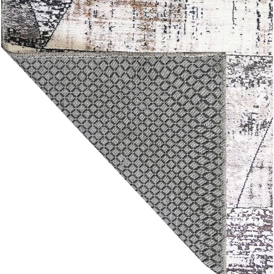 Machine washable geometric pattern distressed blue and gray area rug available in 2x6, 5x7, 8x10 sizes. Kid and pet friendly, made from recycled materials. Suitable for contemporary or modern living rooms and high traffic areas.