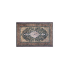 Machine washable Oriental rug with vintage distressed medallion design, navy gold and antique blue-gold color, available in 2x3 and 3x5 sizes, pet and kid friendly, made from recycled materials, features a decorative border.