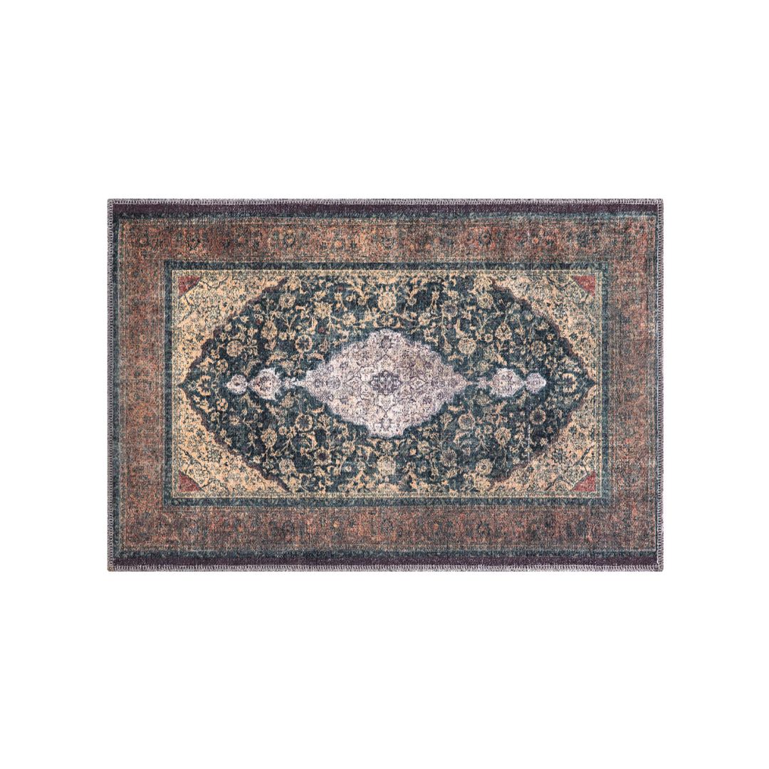 Machine washable Oriental rug with vintage distressed medallion design, navy gold and antique blue-gold color, available in 2x3 and 3x5 sizes, pet and kid friendly, made from recycled materials, features a decorative border.