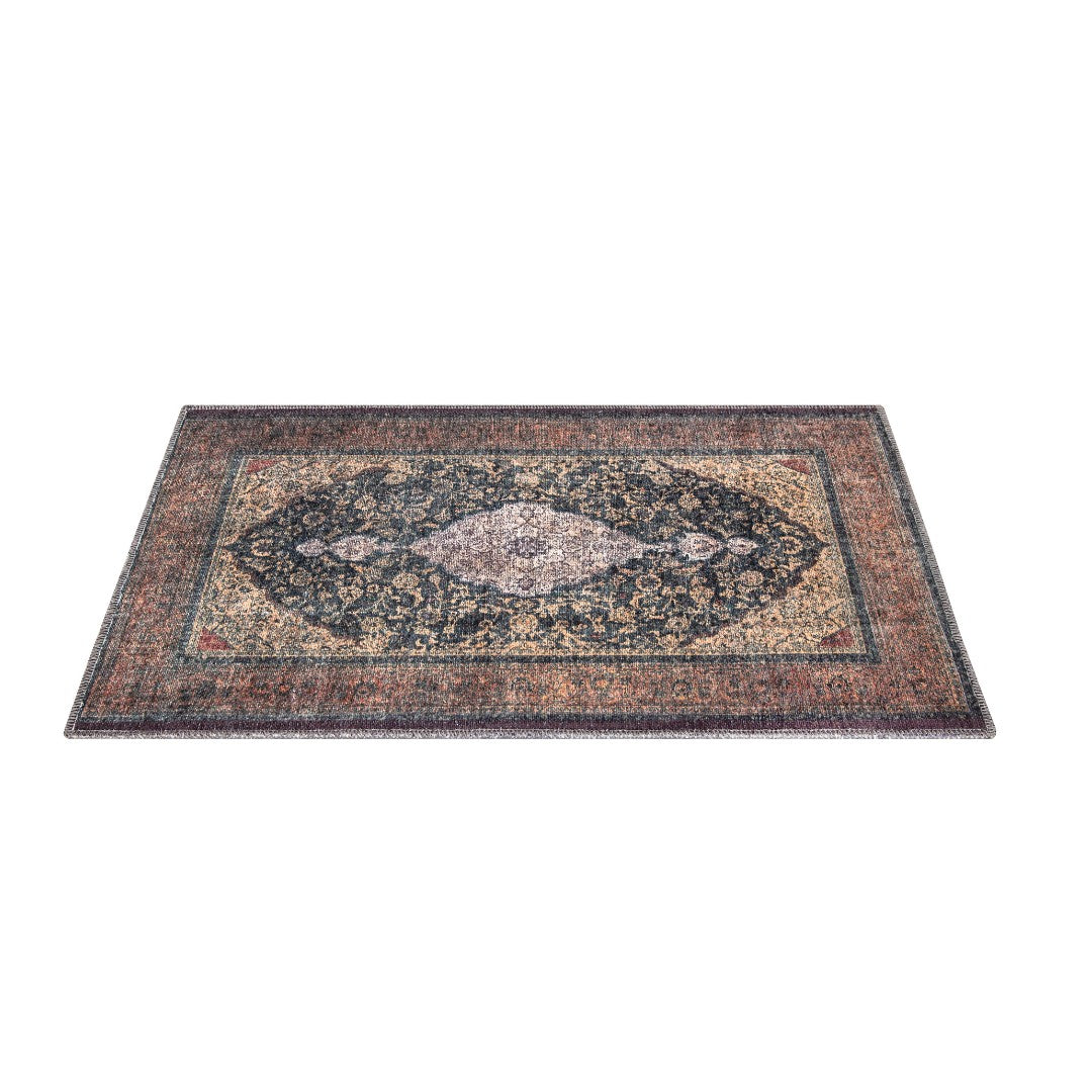 Machine washable Oriental rug with vintage distressed medallion design, navy gold and antique blue-gold color, available in 2x3 and 3x5 sizes, pet and kid friendly, made from recycled materials, features a decorative border.