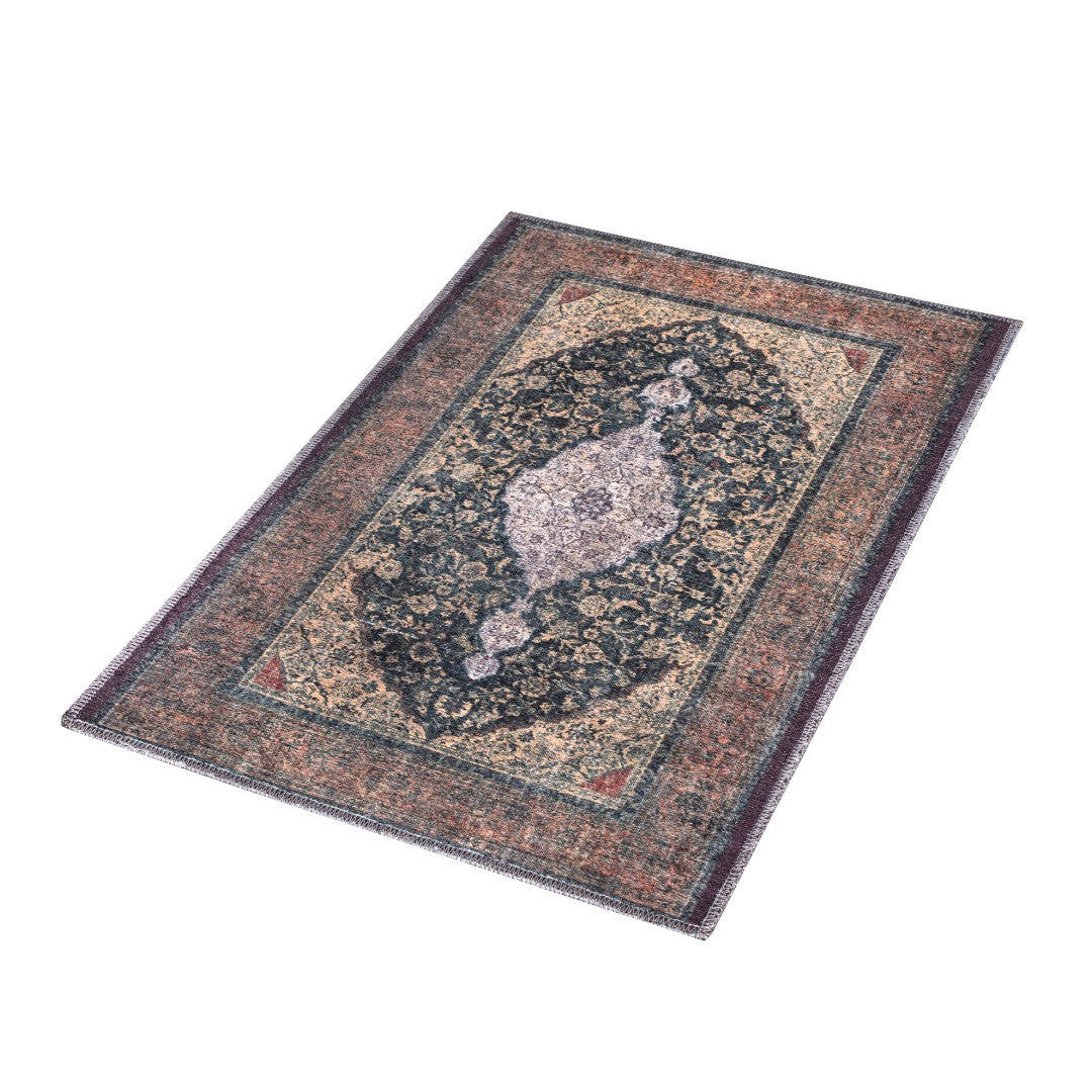 Machine washable Oriental rug with vintage distressed medallion design, navy gold and antique blue-gold color, available in 2x3 and 3x5 sizes, pet and kid friendly, made from recycled materials, features a decorative border.