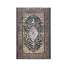 Machine washable Oriental rug with vintage distressed medallion design, navy gold and antique blue-gold color, available in 2x3 and 3x5 sizes, pet and kid friendly, made from recycled materials, features a decorative border.