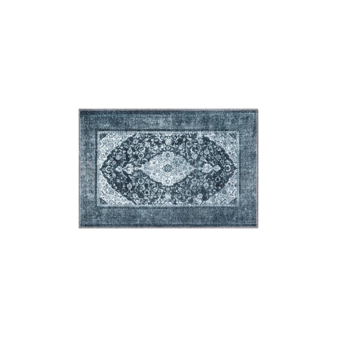 Machine washable blue and gray distressed area rug made from recycled materials, kid and pet friendly