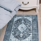 Machine washable blue and gray distressed area rug made from recycled materials, kid and pet friendly