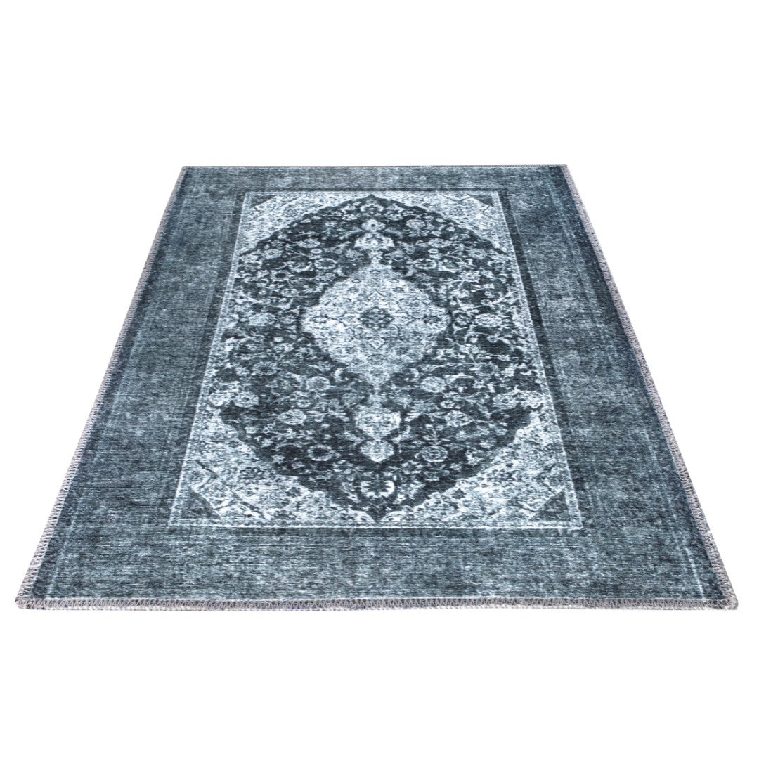 Machine washable blue and gray distressed area rug made from recycled materials, kid and pet friendly