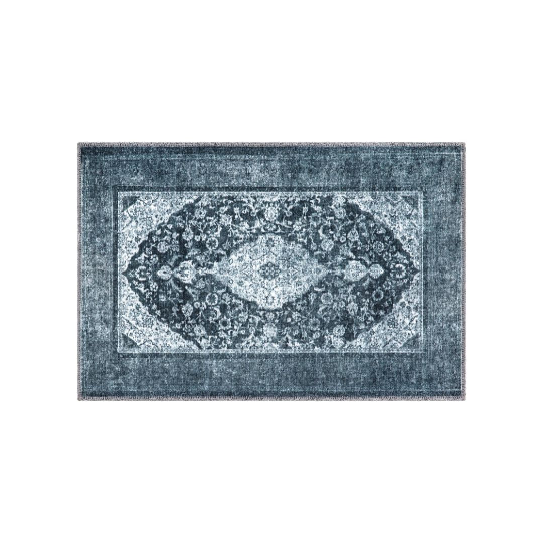 Machine washable blue and gray distressed area rug made from recycled materials, kid and pet friendly