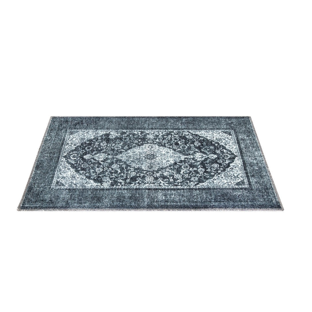 Machine washable blue and gray distressed area rug made from recycled materials, kid and pet friendly