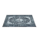 Machine washable blue and gray distressed area rug made from recycled materials, kid and pet friendly