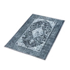 Machine washable blue and gray distressed area rug made from recycled materials, kid and pet friendly