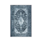 Machine washable blue and gray distressed area rug made from recycled materials, kid and pet friendly